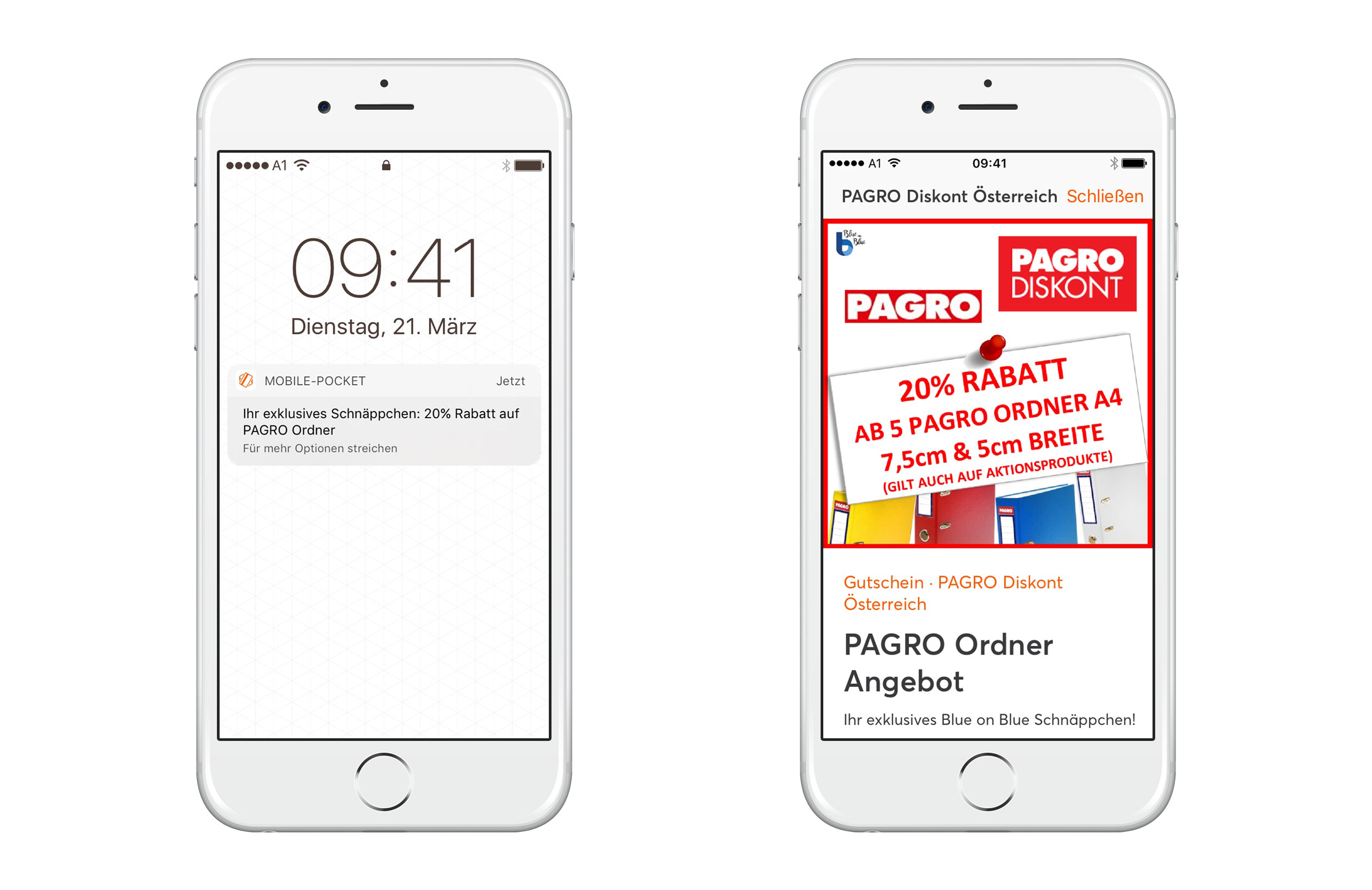 2 iPhone Screens mit Pagro Beacon von mobile-pocket